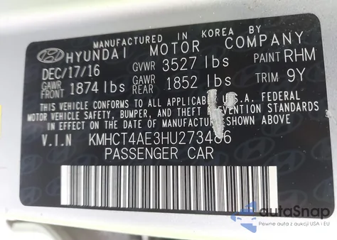 2017 Hyundai Accent Se из США, поврежденный, VIN KMHCT4AE3HU273486